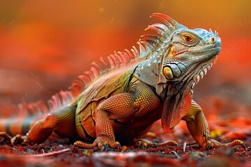 Fototapeta premium The Iguana walking in behind view, Anger, Menacing, Full body view