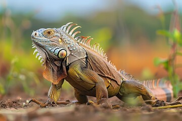 Fototapeta premium The Iguana walking in eye level view, Full body view View, Depth of Filed, over shoulder view