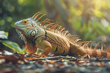 The Iguana walking in top view, Full body view View, Depth of Filed, high angle view