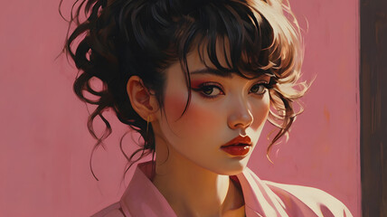 Fototapeta premium Create a full body portrait of a woman in the Japanese retro anime style of the 80s and 90s. The scene features a top model with wild hair, exuding confidence and allure. 