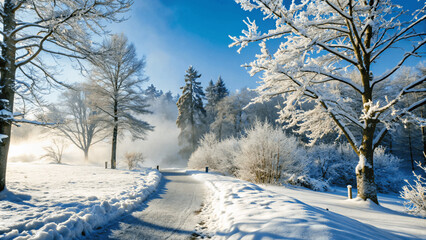 Obraz premium snowy white cold season frosty nature in winter landscape, travel destination background, beautiful narrow street illuminated by the sun's rays