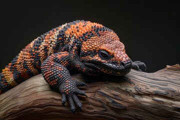 Obraz premium Mystic portrait of Gila Monster an old wooden branch, full body view, isolated on black background