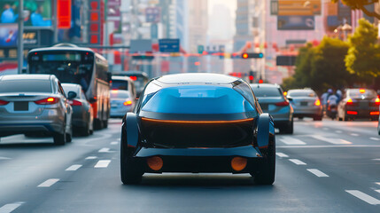 Fototapeta premium Autonomous vehicle drives through a busy city street with the warm glow of the sunset