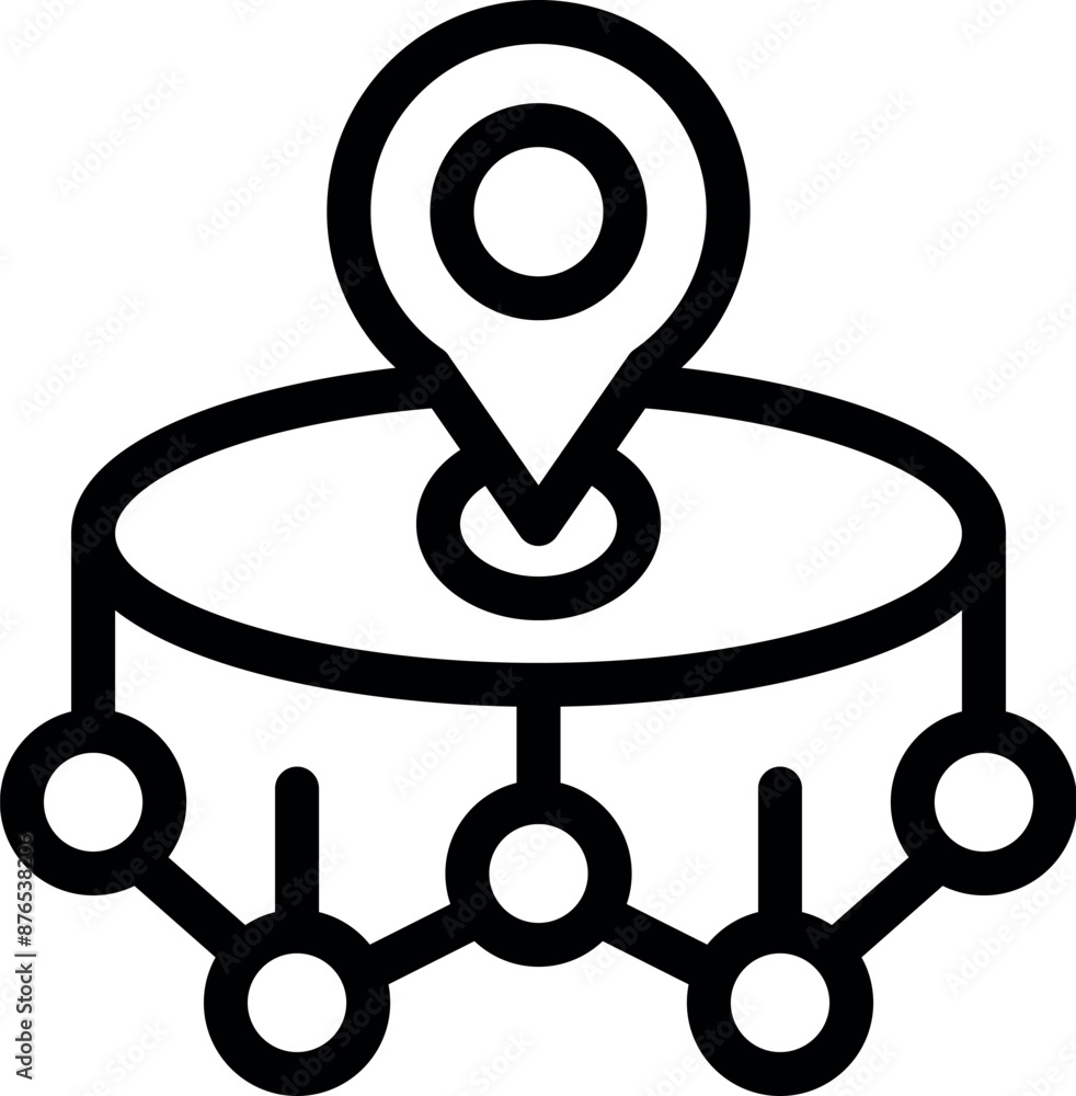 Poster line art icon of a location pin standing on a circular platform, connected to a network, representin