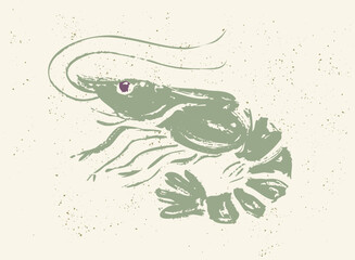 Vector icon of shrimp for Asian food. Vector illustration of shrimp in grunge ink style.