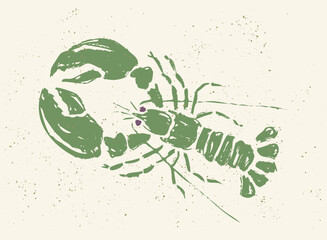 Vintage illustration of green lobster in block print style. Retro illustration of lobster for seafood shop.