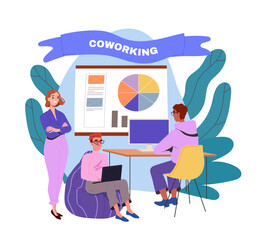 People coworking concept. Men and women analyze graphs, charts and diagrams. Partners and colleagues. Collaboration and cooperation. Flat vector illustration isolated on white background