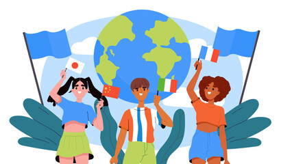 People of different nationalities. Man and woman with flags stand against background of globe. Young guy from Italy and girls from Japan, China and France. Flat vector illustration