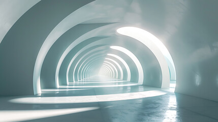 Abstract white and blue arches create a futuristic and hopeful pathway towards a bright future. 
