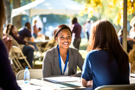 African American female hr recruiter's lively engagement, interview with potential employees at an outdoor job career fair. Cheerful ambiance of a sunny setting on background. Concept of Labor Day