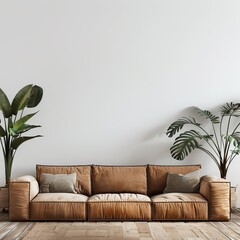 modern living room with sofa in front of the empty wall
