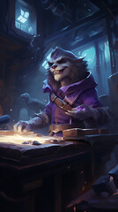 A mischievous purple-furred creature crafting under dim light evokes a sense of mystery and intrigue, perfect for fantasy or Halloween projects. 
