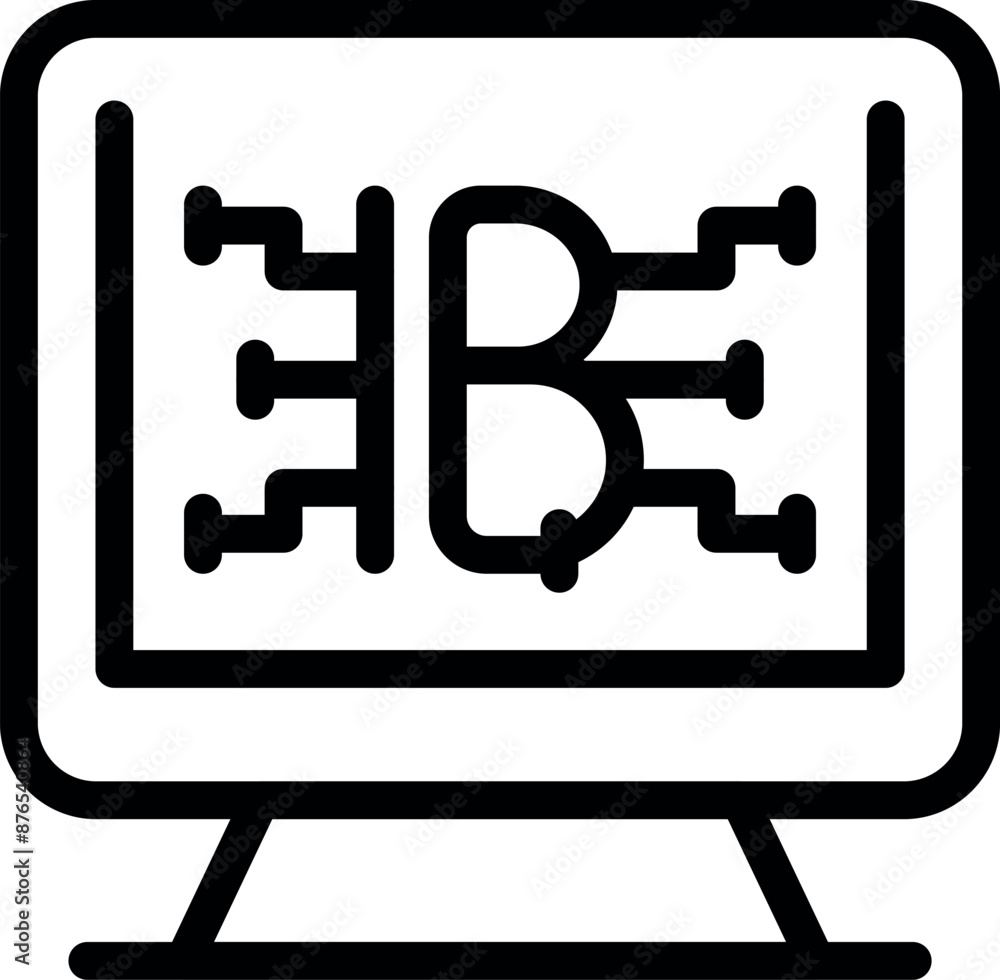 Poster line art icon of a computer screen showing a bitcoin symbol connected to an electronic circuit