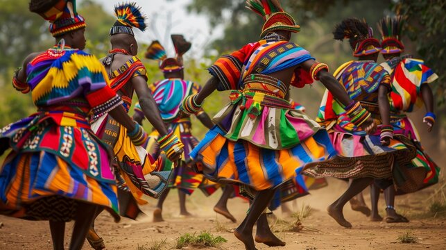 Traditional African dance showcases dancers in vibrant costumes, moving to drums, celebrating heritage. - Powered by Adobe