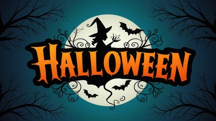 Halloween horizontal banner with vector logo. The inscription with ominous tree branches, bats and a pretty witch on a background of the full moon.
