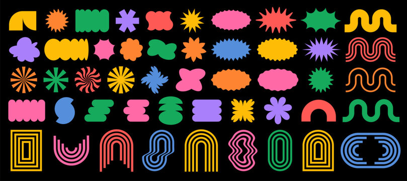 Abstract futuristic geometric shapes, frame, textbox in trendy retro groovy, Y2K style, Vintage. Colored isolated on black background label sticker elements. Flat Vector Illustration EPS10.