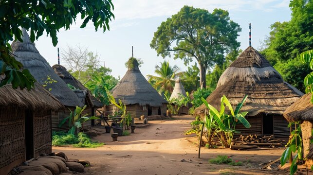 A vibrant African village with thatched-roof huts, colorful markets, music, dance, and shared meals.
