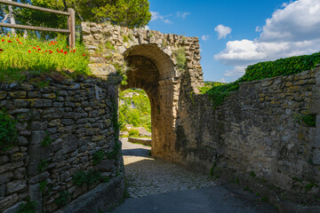 2024-05-22 A STONE WALKWAY AND ARCH IN THE VILLAGE OF BONNIEUX FRANCE WITH FOLIAGE ON THE WALL WITH A NICE SKY IN THE PROVENCE REGION