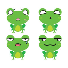 Vector set of cute green Frog emoji faces with various expressions. Isolated on white background