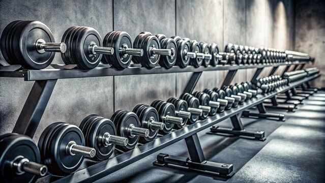 Neatly arranged row of dumbbells in varying weights lined up on a rack against a gray background in a modern and sleek gym environment.