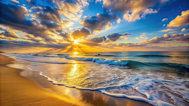 Warm golden light of dawn breaks over serene ocean waves, illuminating a tranquil beach with soft pastel hues, misty atmosphere, and vast blue sky.