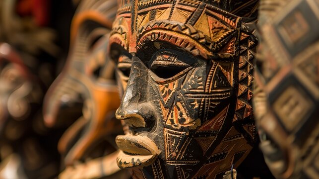 An African tribal mask with intricate carvings, bold designs, and vibrant colors showcases rich cultural heritage. - Powered by Adobe