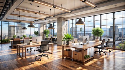 Modern urban office space with large floor-to-ceiling windows, sleek wooden floors, and open concept layout, showcasing a minimalist and collaborative work environment.