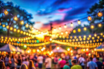Vibrant bokeh lights dance across the blurred background of an outdoor festival, capturing the energy and excitement of a lively summer evening atmosphere.