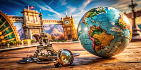 Fototapeta premium Vibrant miniature globe and vintage compass rest on a worn wooden table, surrounded by iconic landmarks and tourism brochures from around the world.