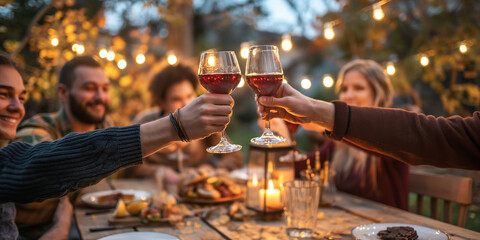 Group of cheerful friends toasting at autumn themed garden party. Eating dinner together by decorated table. Young people having a get together fall evening night.