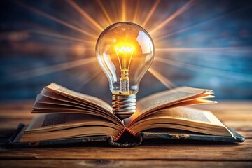 A glowing light bulb sits atop an open book, surrounded by scattered pages, symbolizing inspiration, innovation, and knowledge gained through self-driven education and business studies.