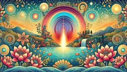 Colorful Spiritual Landscape with Lotus Flowers, Waterfall, and Radiant Sky
