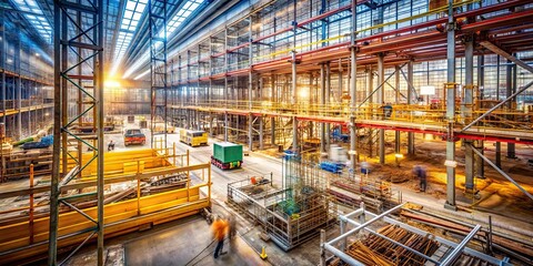 Fototapeta premium Construction site with blurred machinery, tools, and scaffolding, conveying a sense of activity and progress, with a focus on the industrial environment.
