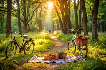Fototapeta premium Sun-kissed forest trail winding through lush green trees, abandoned bicycles and vintage picnic blanket, evoking a sense of carefree family adventure and joyful presence.