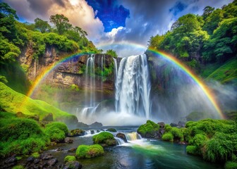 Fototapeta premium Vibrant rainbow arcs through misty veil of roaring waterfall, casting kaleidoscope colors on lush green surroundings, evoking sense of enchantment and awe in serene natural setting.