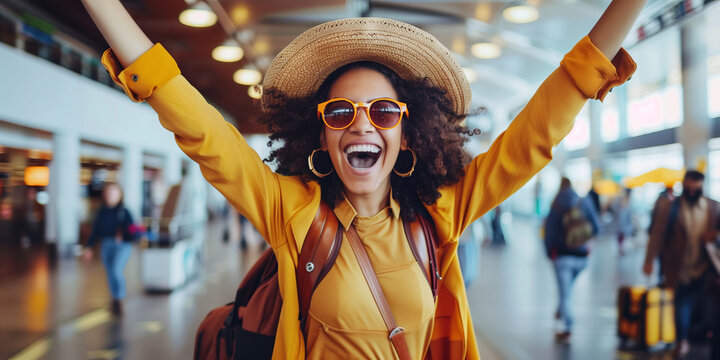 Young woman feeling excited about her vacation. Beautiful girl waiting for the flight at the hall of airport. Solo traveling.