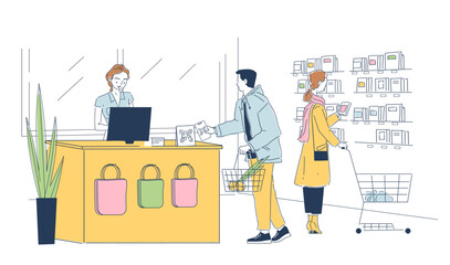 Buyers scanning QR. Man and woman with contactless and cashless payment of puchases. Modern banking technlogy. Money transactions and transfers. Linear vector illustration isolated on white background