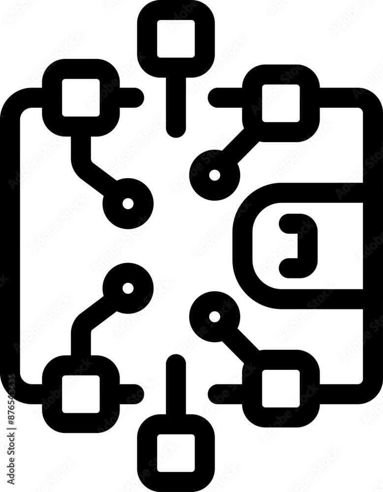 Poster icon of a digital wallet connecting to a network of computers, representing cryptocurrency and block