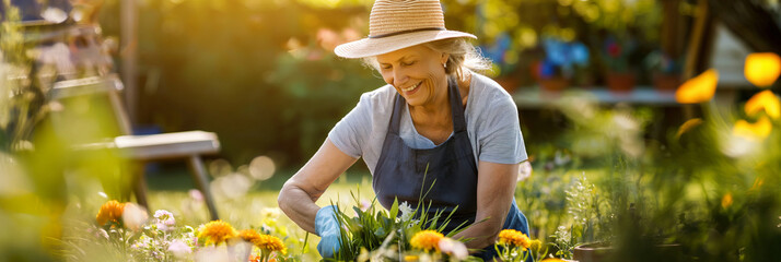 Beautiful senior lady working in the garden. Landscape designer at work. Smiling elderly woman gardener caring for flowers and plants. Hobby in retirement.