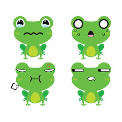 Vector set of cute green Frog emoji faces with various expressions. Isolated on white background