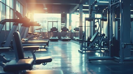 Fitness machine and equipments in modern fitness gym room or sport club in morning time. 