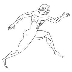 Running bearded ancient Greek man. Jumping antique athlete. Ethnic vase painting style. Black and white linear silhouette.