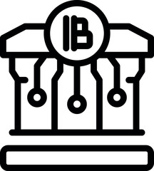 Line art icon of a bank building with a bitcoin symbol on top, representing the merging of traditional finance and cryptocurrency