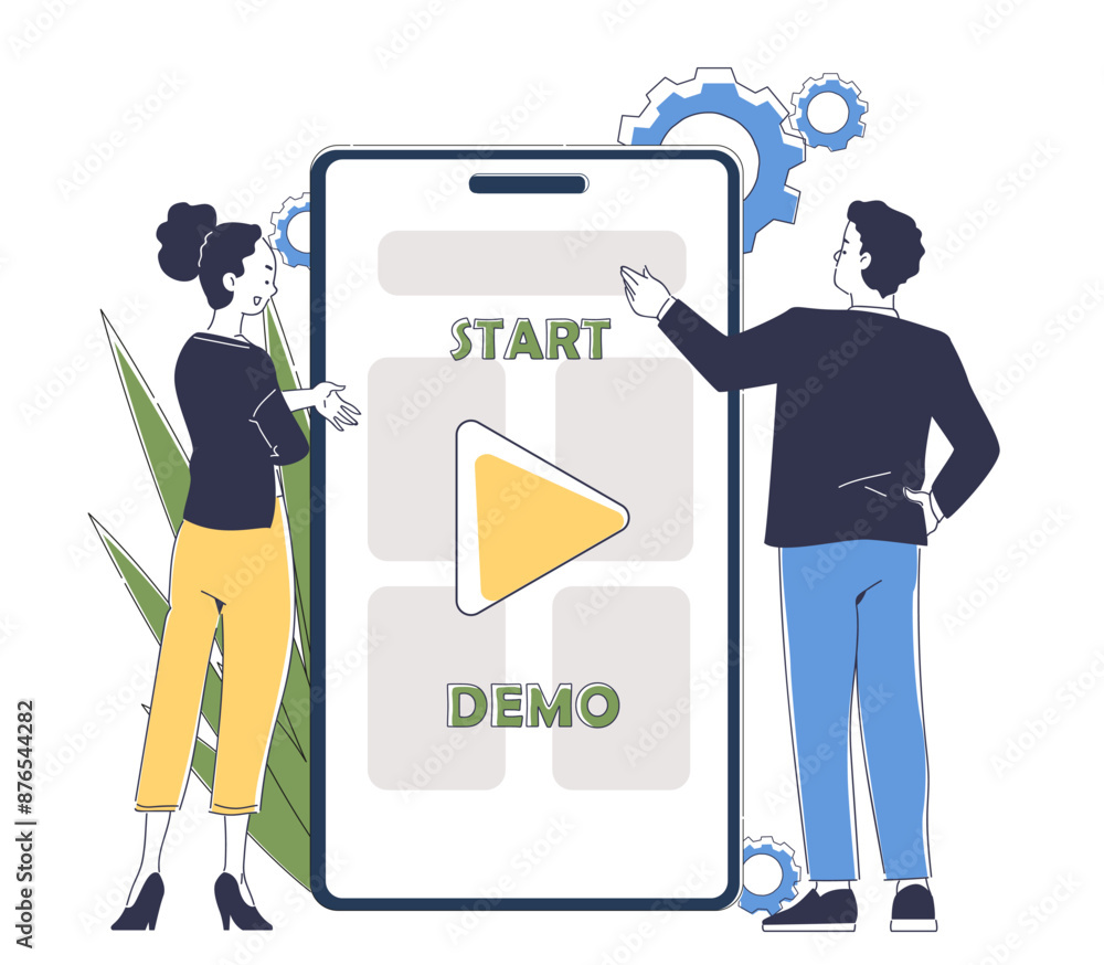 Poster start demo application. man and woman near smartphone with new application or program. graphic desig
