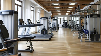 Fitness machine and equipments in modern fitness gym room or sport club in morning time. 