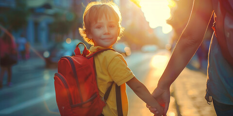 Cute little child with backpack holding mothers hand while going to school. Parent leading their kid to classes. Back to school. Family support and educational growth concept.