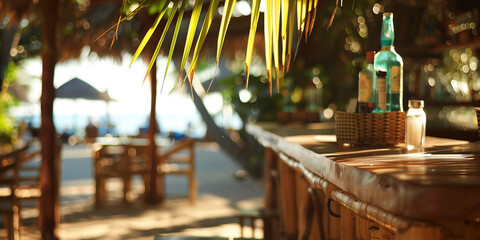 Cozy details of exotic beach bar framed by palm leaves. Spending holidays in tropical destinations.