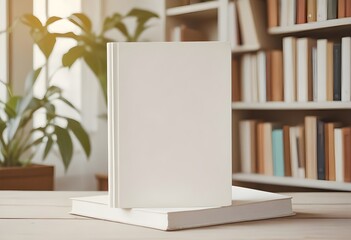 White blank book cover mockup standing on a closed book on a wooden table in front of a home library bookshelf. Concept for book design, publishing, and reading.