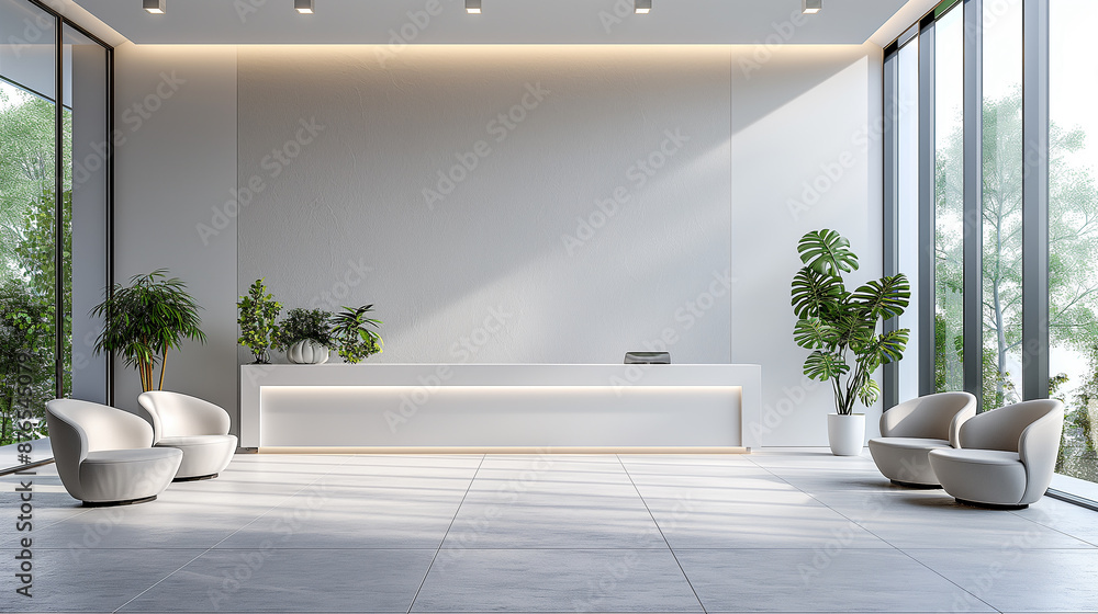 Poster modern and empty office reception interior with white reception desk