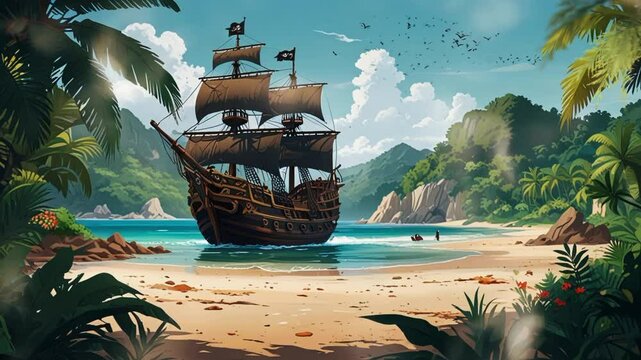 pirate ship stranded on the shore of a remote island, in anime or cartoon style. Seamless looping 4k video animation